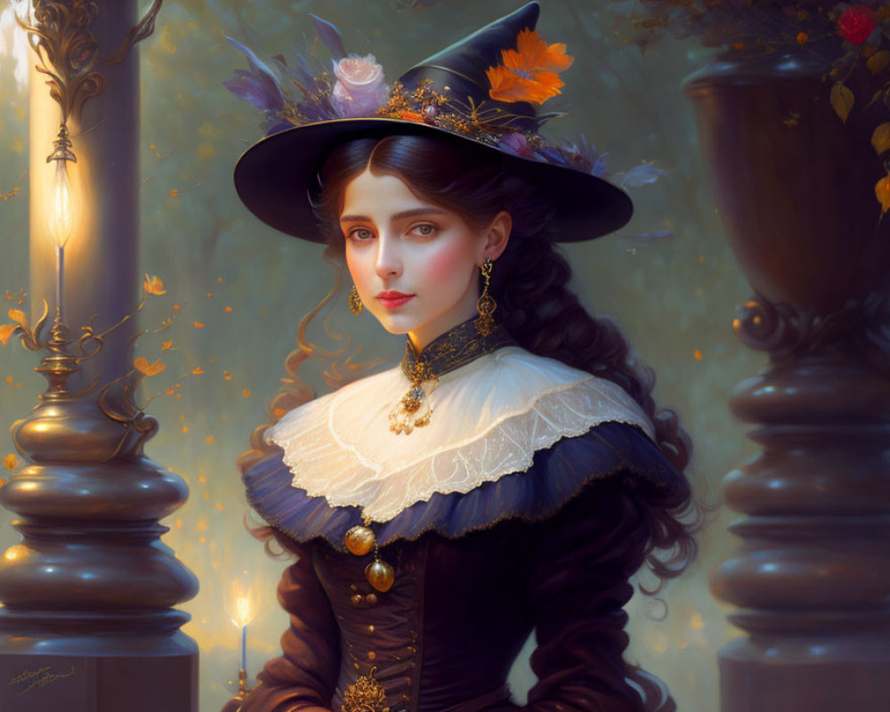 Victorian lady in black hat with flowers, ruffled collar, gold jewelry, amidst autumn leaves