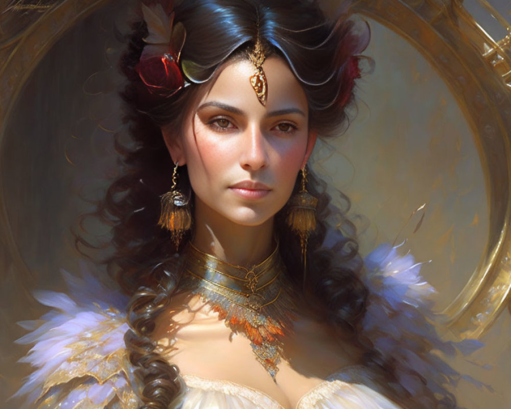Portrait of Woman with Elaborate Jewelry, Red Flower, and White Feathered Outfit