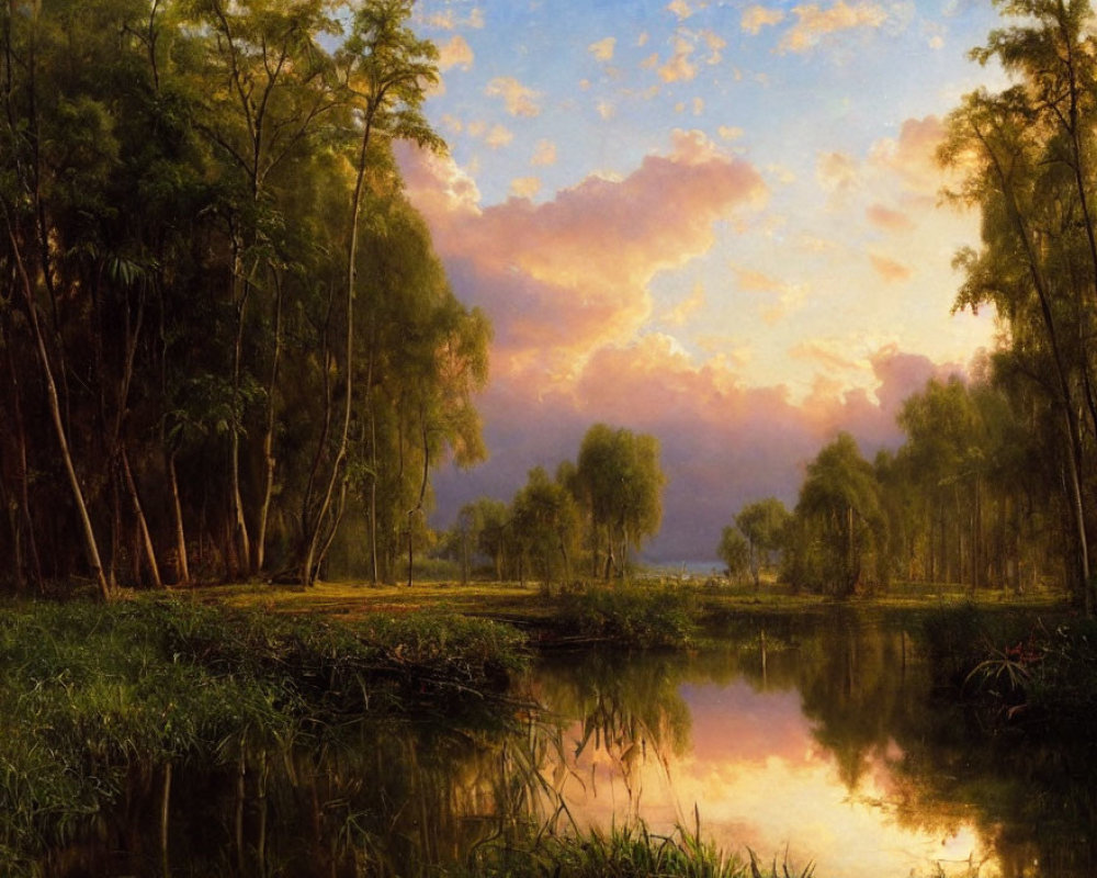 Tranquil landscape painting of serene lake at sunset