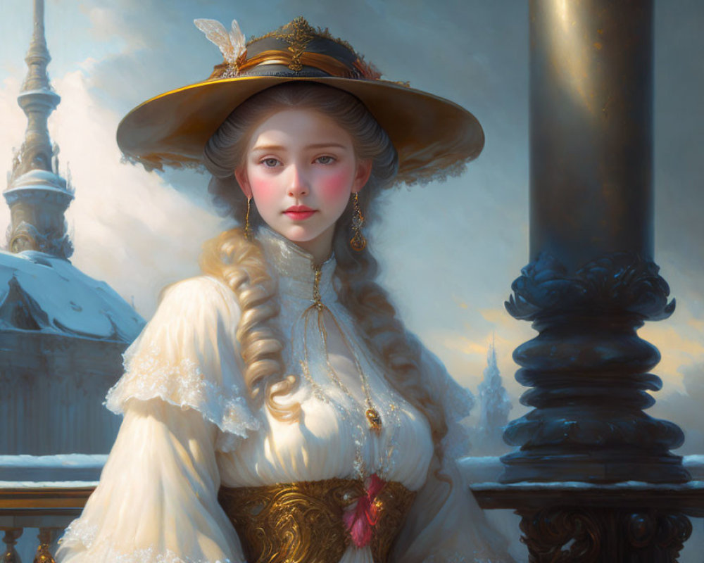 Elegant woman in historical dress with wide-brimmed hat against architectural backdrop