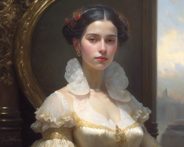 Woman in yellow ruffled dress with dark hair and red flowers