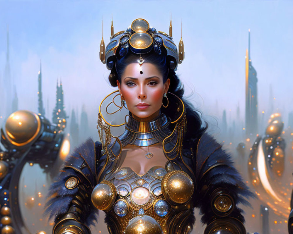 Futuristic queen in golden armor with spires under hazy sky