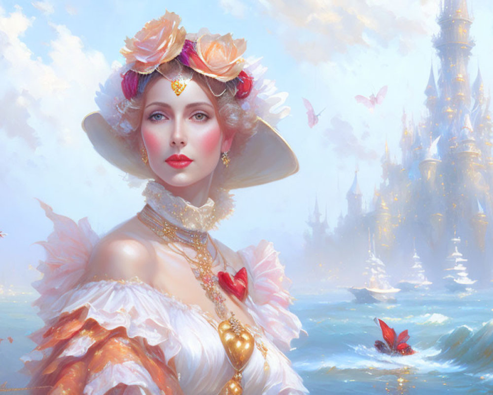 Elegant woman in wide-brimmed hat and frilly dress with butterflies and castle.