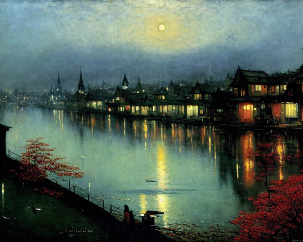 Traditional buildings by calm river under full moon with boat and red foliage