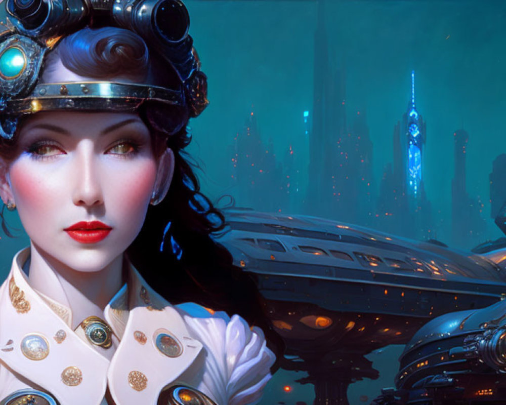 Futuristic headset on woman in neon cityscape
