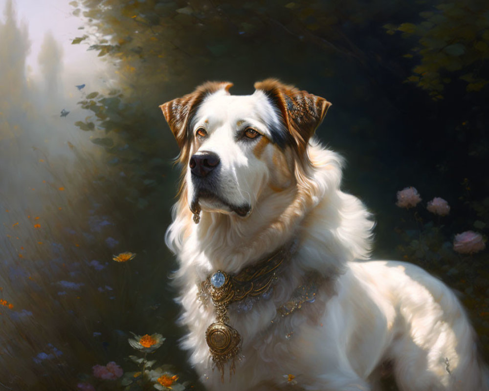 White and brown dog with regal collar in serene forest setting.