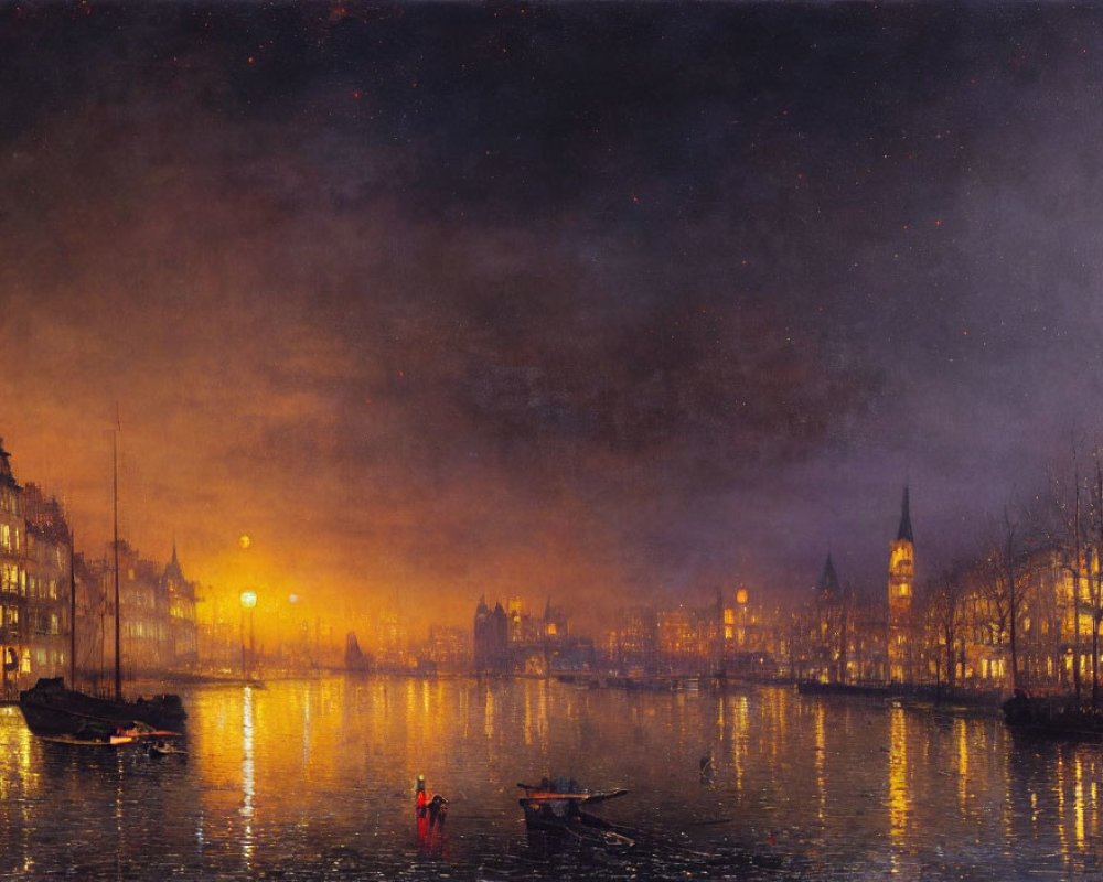 Nocturnal riverside scene: illuminated buildings, boats, hazy amber glow