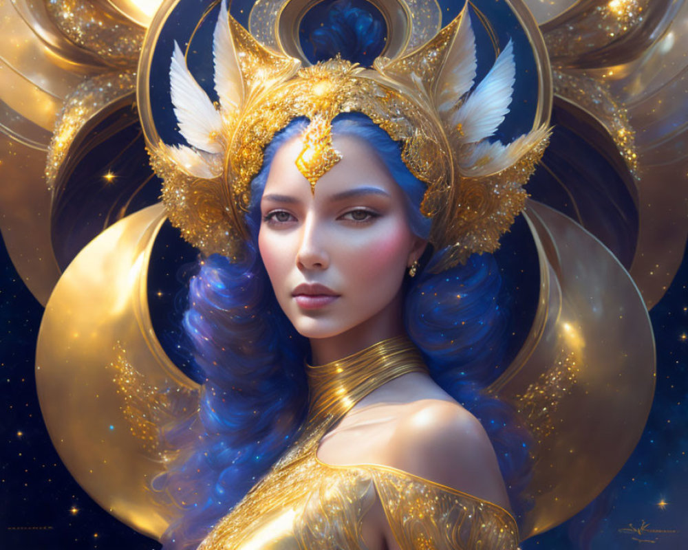 Blue-haired female fantasy character with celestial headdress in starlit setting