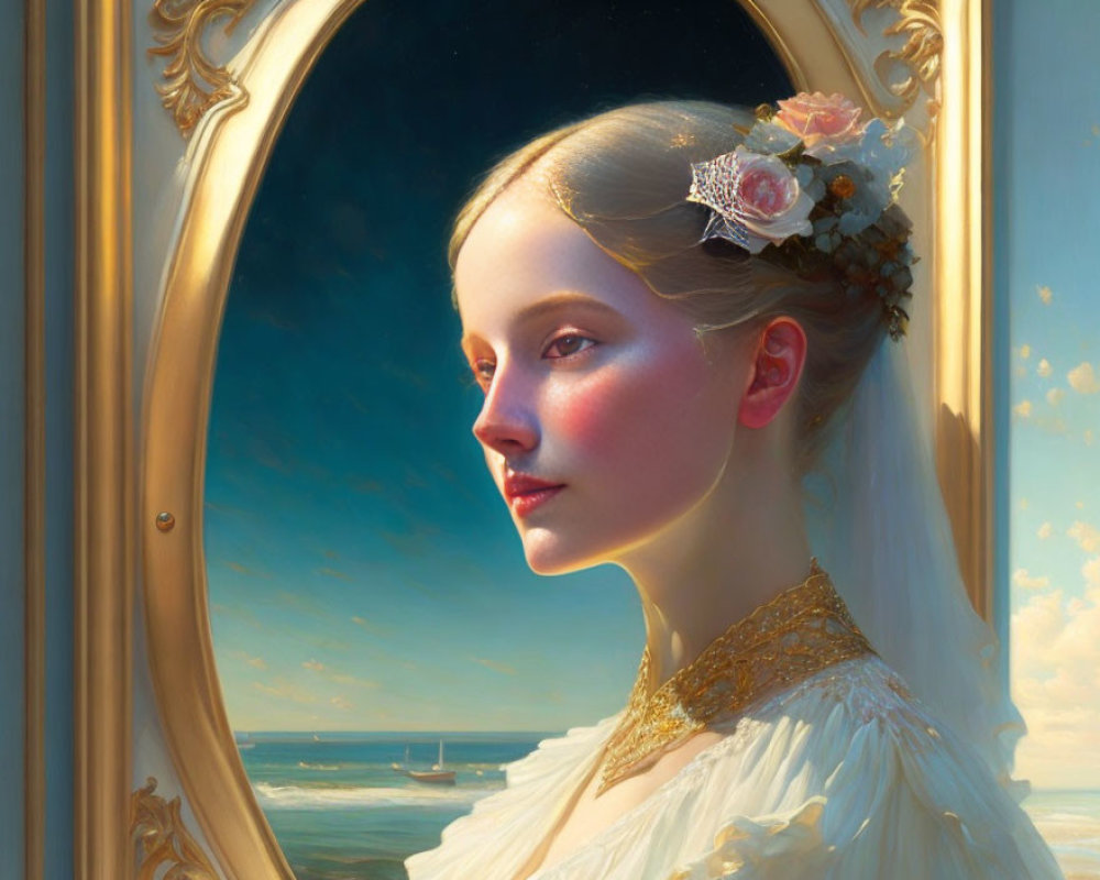 Classical portrait of woman with floral headpiece by the sea