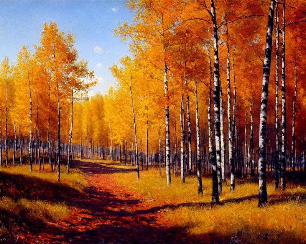 Tranquil autumn forest scene with winding trail and vibrant trees