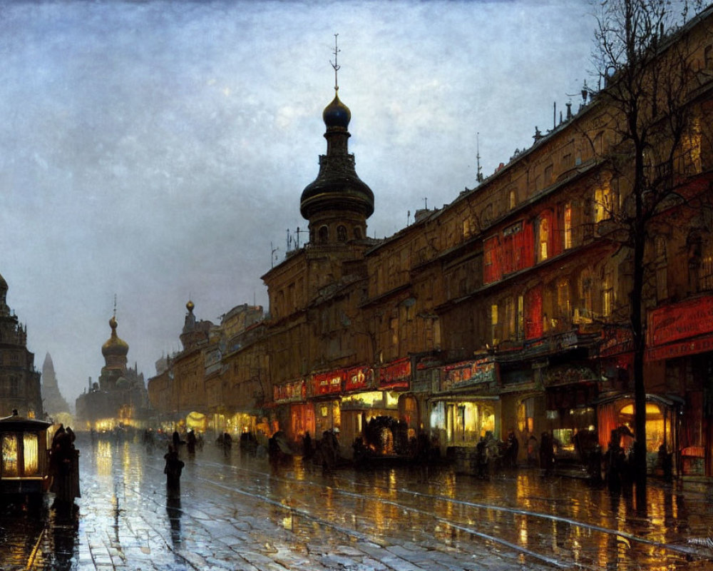 Rainy Dusk Scene: Busy Street with Storefronts, Umbrellas, and Reflective Pav