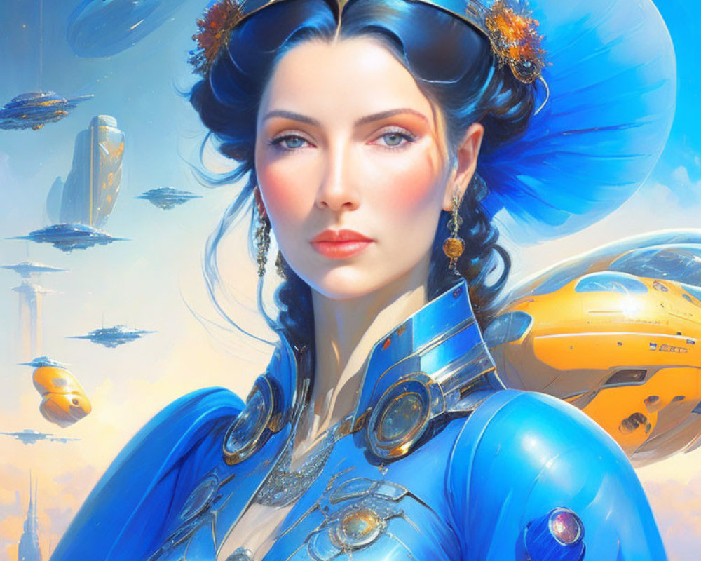 Futuristic digital art portrait of a woman in blue outfit with gold accents