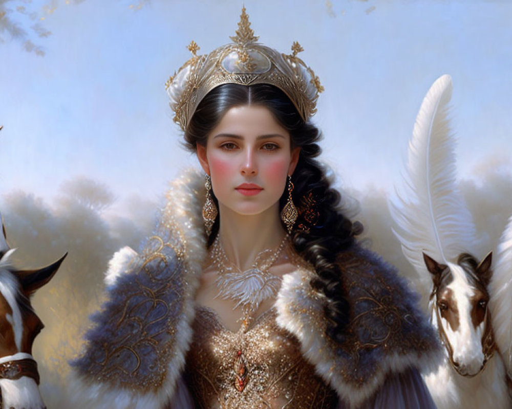 Regal woman with ornate headdress and winged white horses in mythical scene