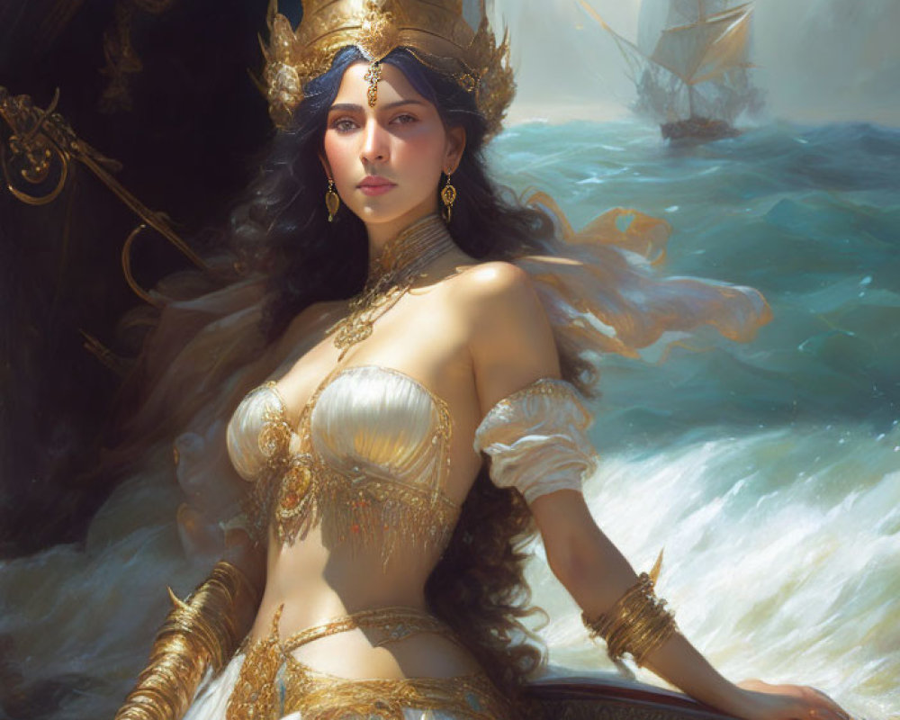 Regal woman in gold and white attire by the sea with a ship in the background
