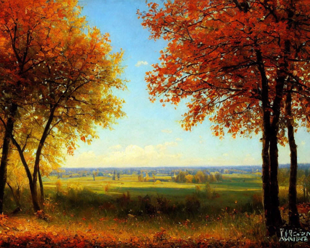 Vibrant autumn landscape with orange and yellow trees and serene meadow