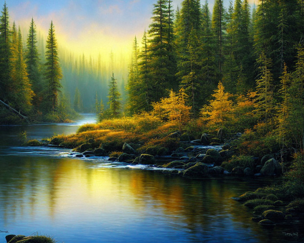 Tranquil autumn forest with river, sun rays, and golden trees