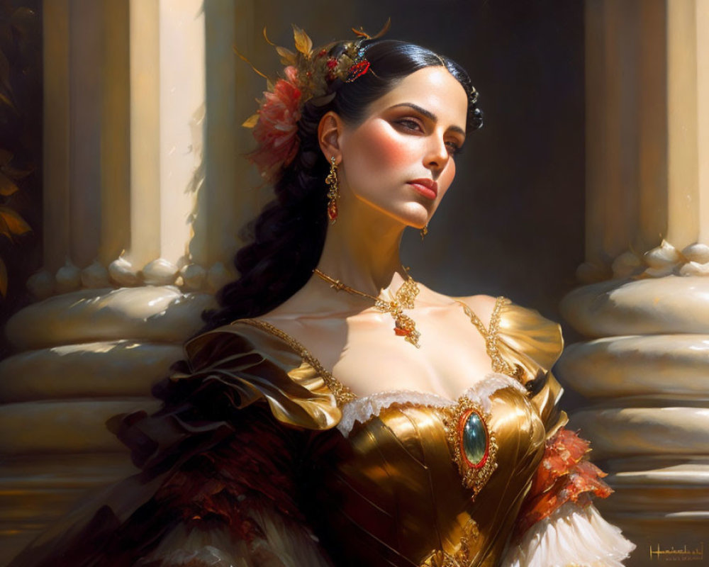 Regal woman with dark hair in golden gown by marble columns