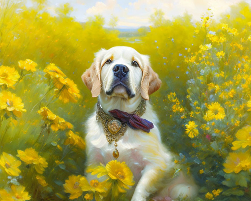 Golden retriever surrounded by yellow flowers with scarf and pendant