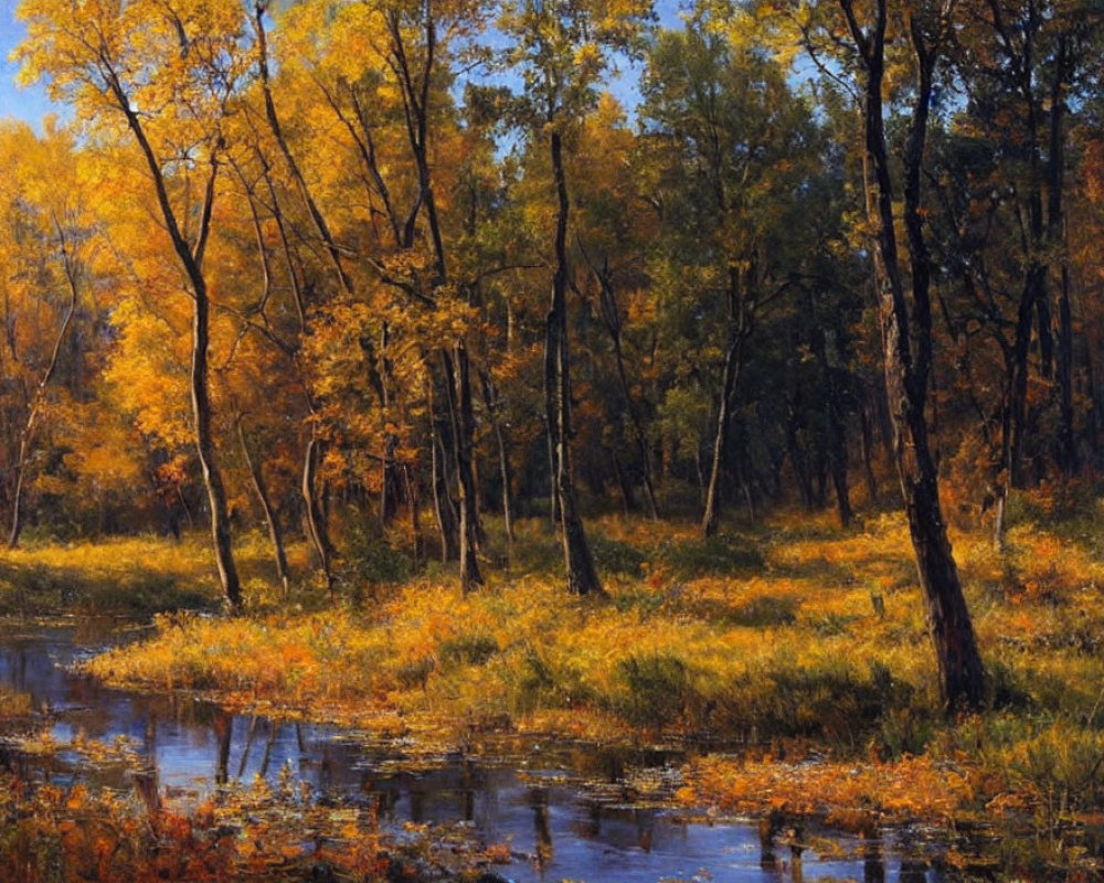 Tranquil autumn forest with yellow and orange foliage by calm river