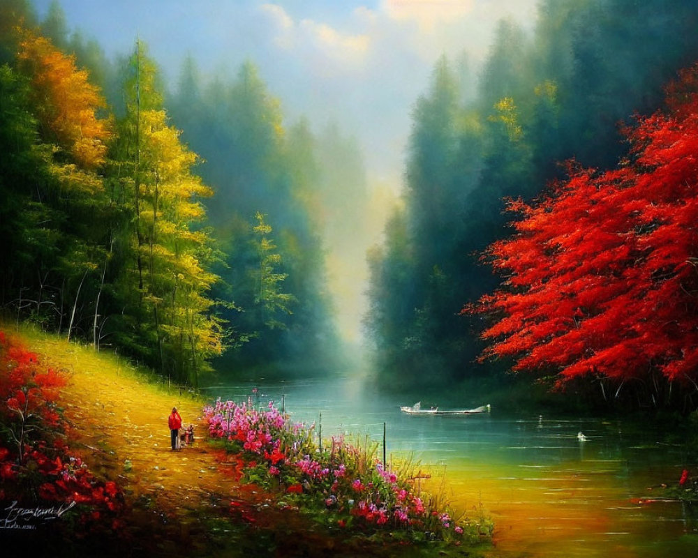 Couple walking by lake in autumn with boat and mist