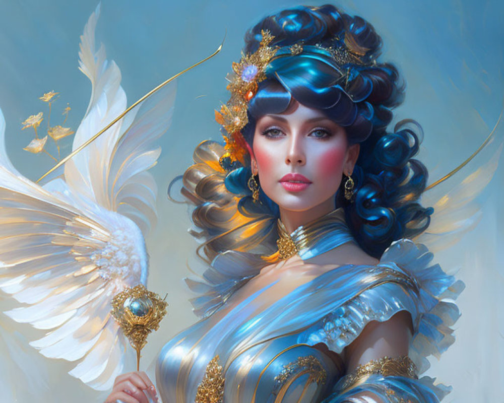 Regal female figure with blue hair in golden-blue attire and wings.
