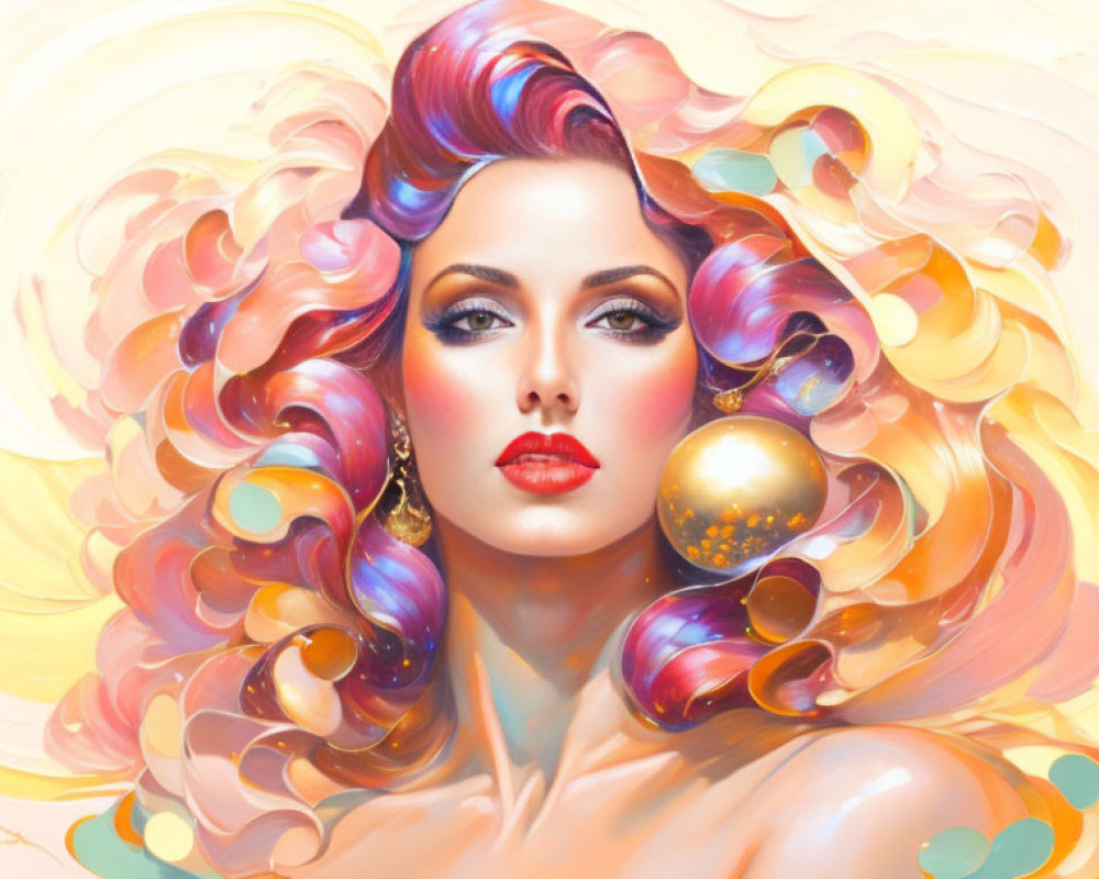 Colorful woman with flowing hair and dramatic makeup holding a golden sphere