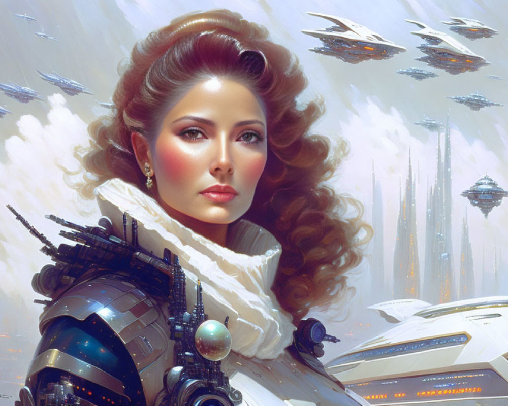 Futuristic portrait of woman with curly hair and sci-fi cityscape