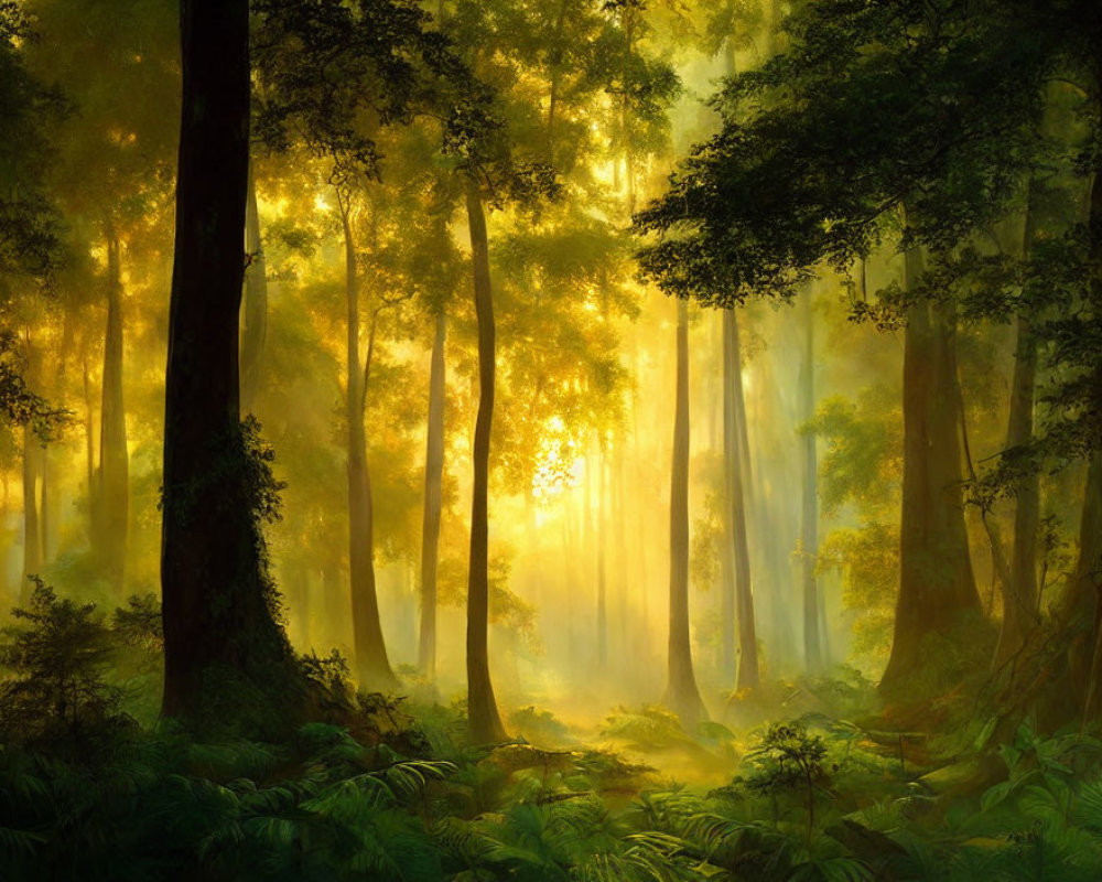 Sunlit mystical forest with dense trees and misty underbrush