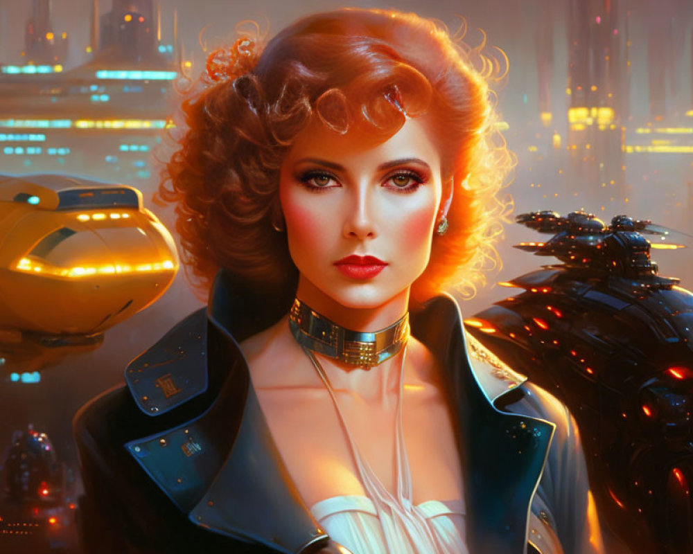 Futuristic woman with wavy hair and glowing collar in neon-lit cityscape