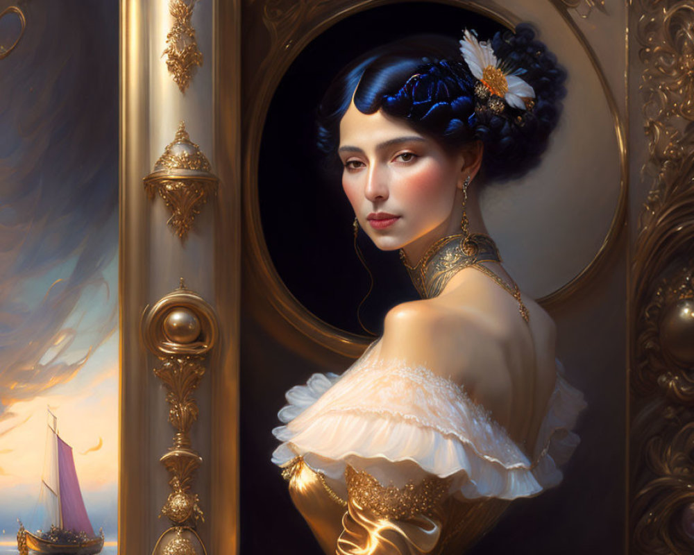 Portrait of woman with blue hair in white dress and golden jewelry next to sailboat in gilded frame