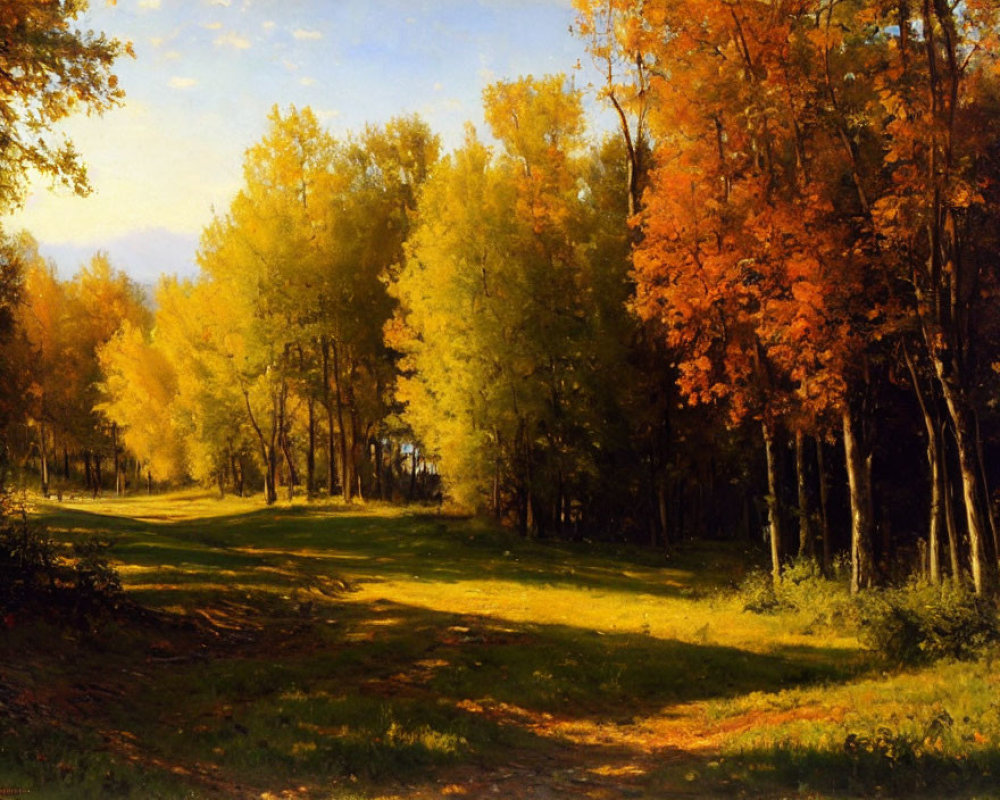 Tranquil autumn landscape with green and amber trees under clear sky