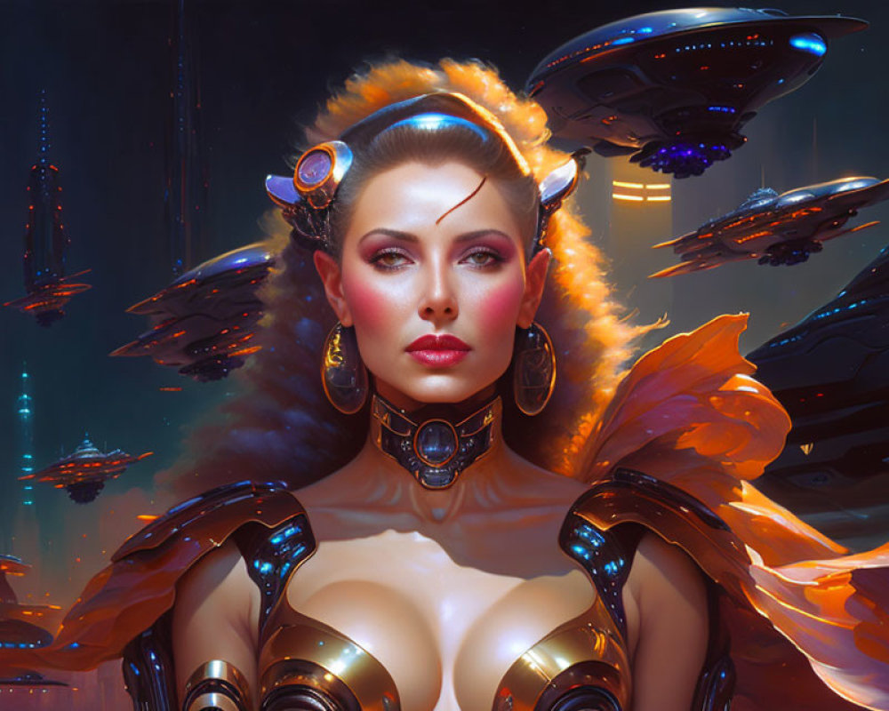 Futuristic portrait of a woman in glowing orange attire and high-tech armor amid flying vehicles and neon