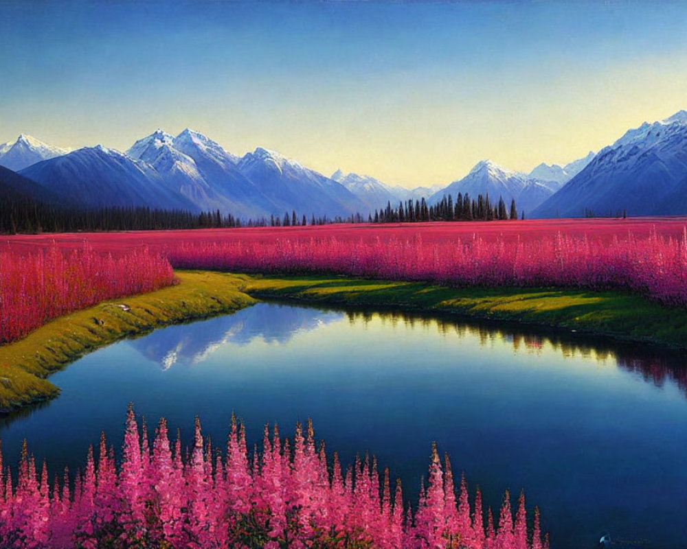 Tranquil landscape with pink flowers, blue lake, and snow-capped mountains