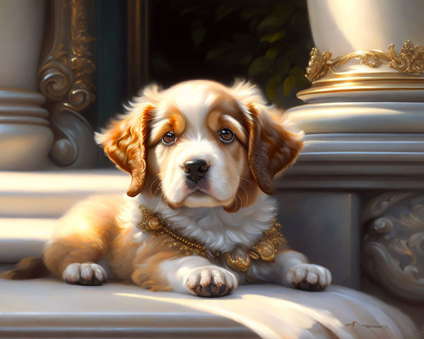Brown and White Puppy with Droopy Ears and Gold Necklace on Staircase