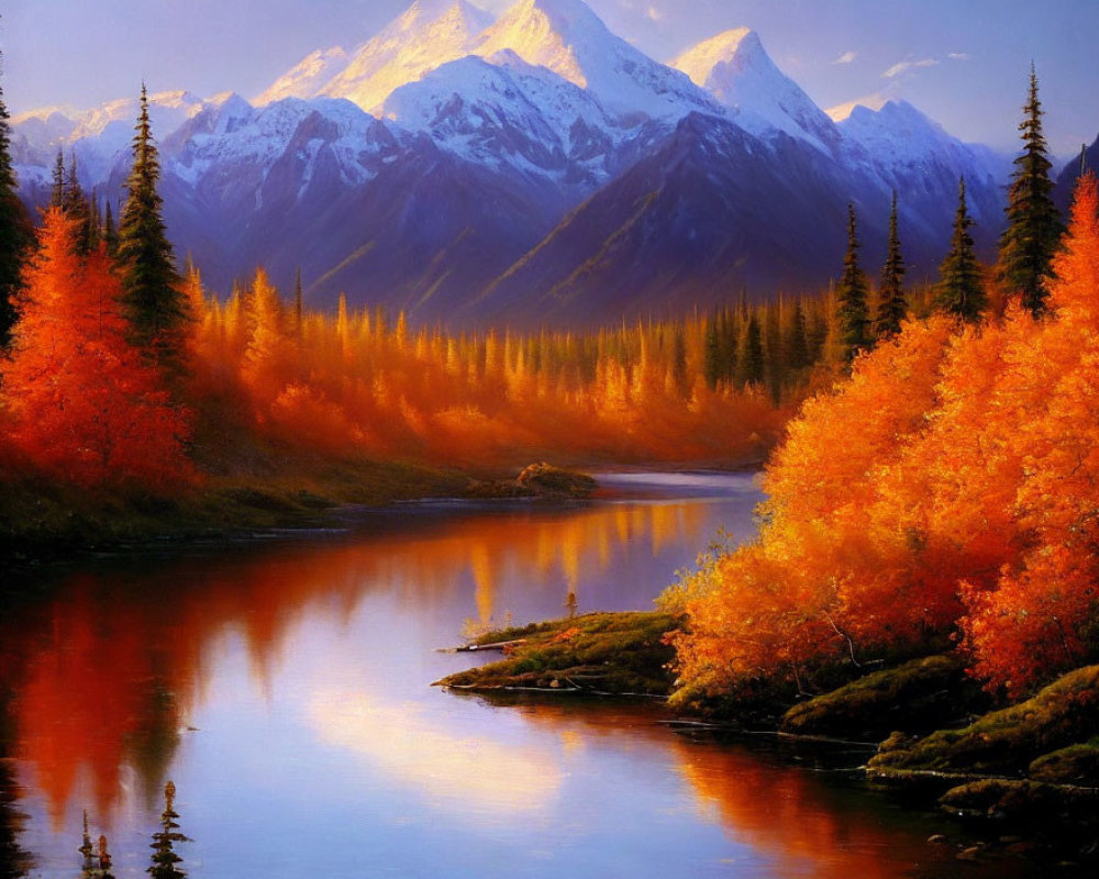 Tranquil autumn landscape with orange trees, river, and snow-capped mountains