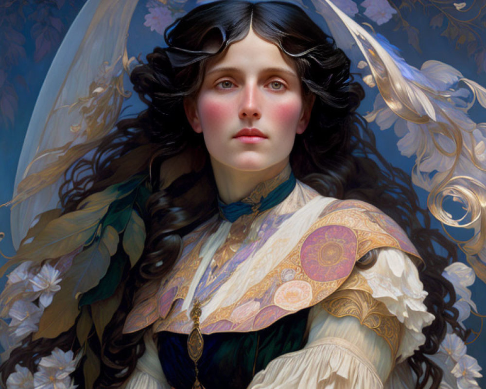 Portrait of woman with dark flowing hair and gold attire on blue floral backdrop