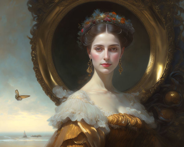 Portrait of a woman with flowers, butterfly, seascape, white-and-gold dress
