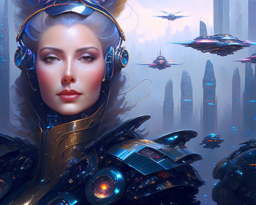Futuristic woman with advanced headgear and armor in cityscape with flying vehicles