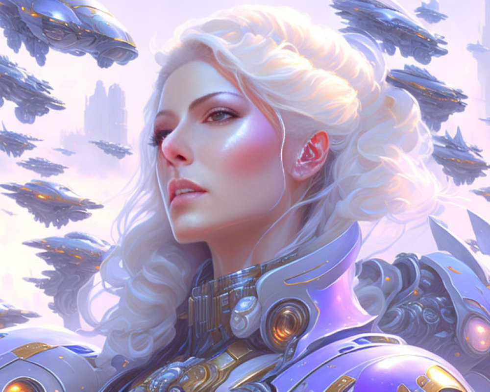 White-Haired Woman in Blue Armor with Flying Ships
