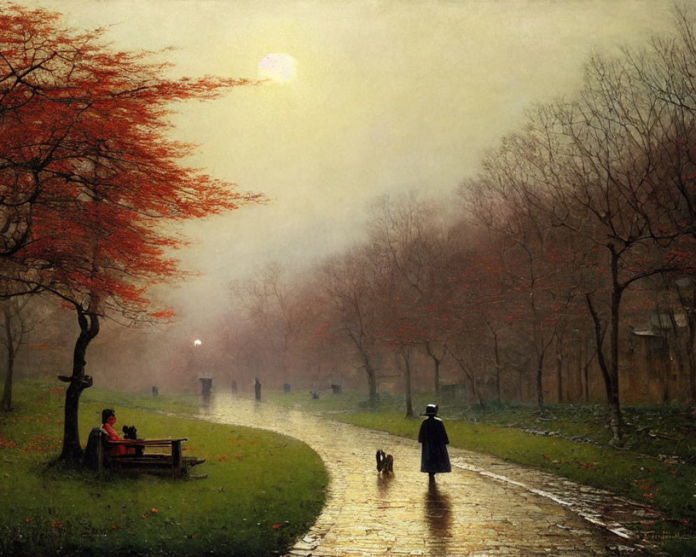 Tranquil autumn landscape with people and dog on misty tree-lined path