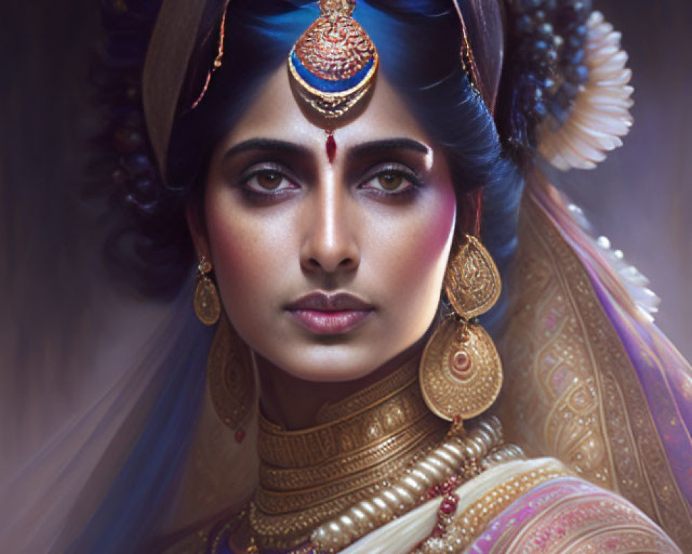 Luxurious Traditional Indian Attire Portrait in Blue and Gold Colors