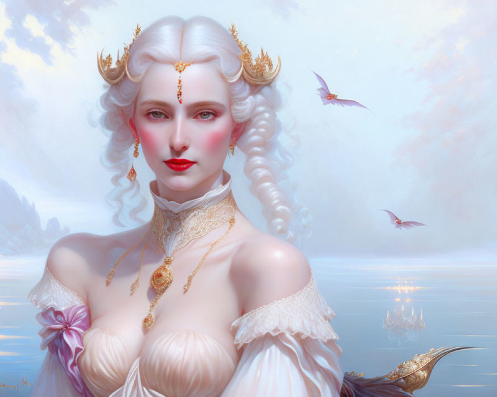 Ethereal woman with white hair in fantasy portrait with gold jewelry and crown, set in mystical landscape