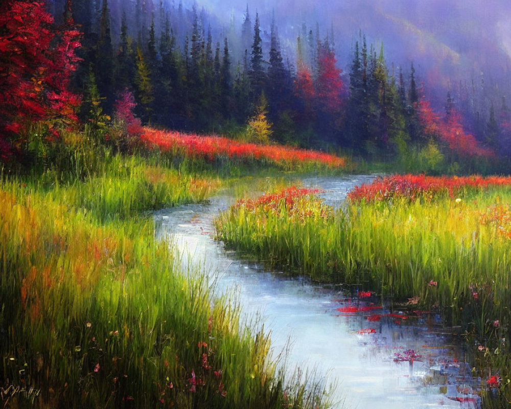 Colorful landscape painting of a stream with autumn trees and misty background