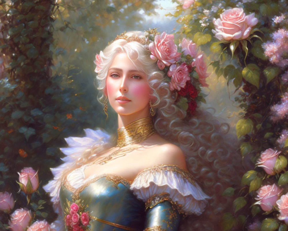 Elegant woman with white hair and floral gown on dreamy backdrop