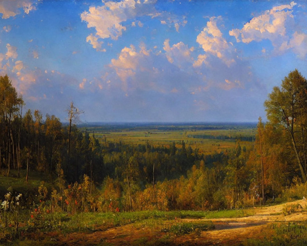 Tranquil forest edge painting with pathway to open fields