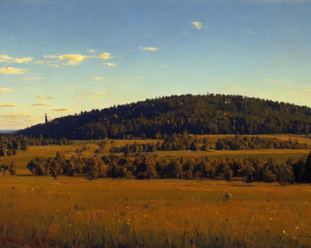 Rolling meadows and lush trees under a blue sky.