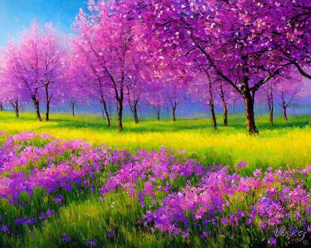 Colorful landscape with cherry blossom trees and flowers under clear sky