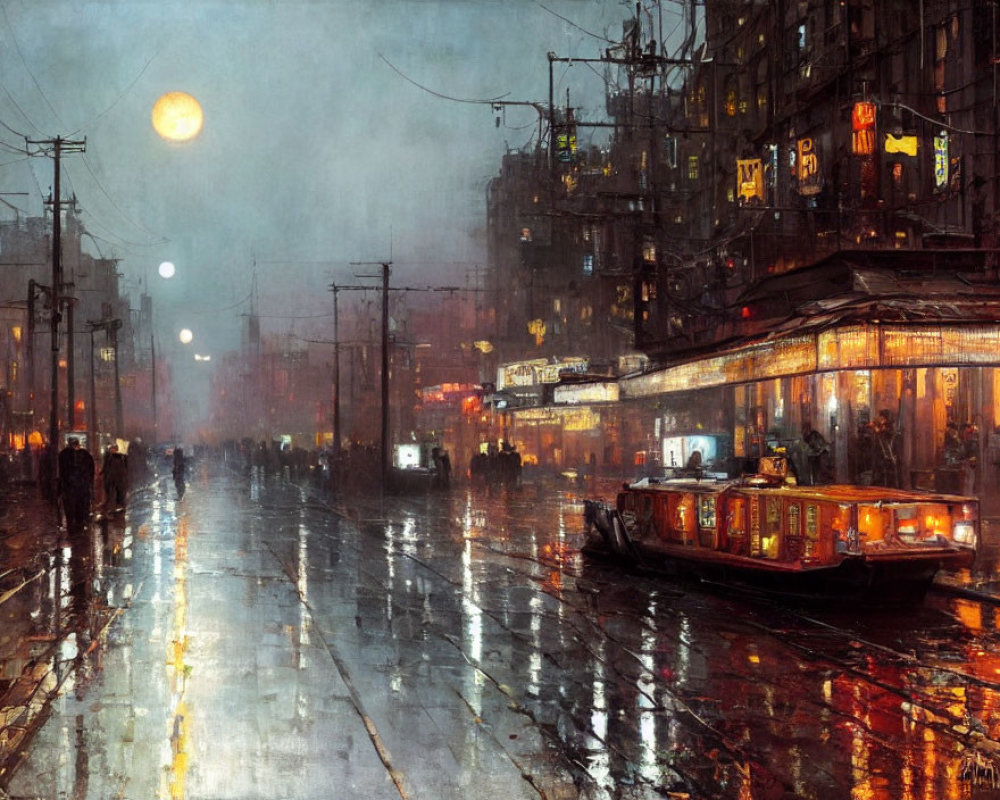 Rainy urban street at night: Reflective pavements, streetlights, neon signs, people,