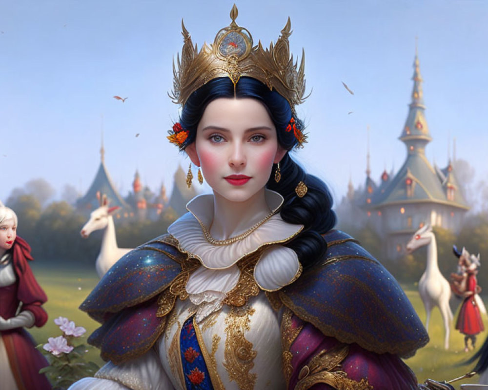 Royal woman with crown and castle backdrop surrounded by stylized figures