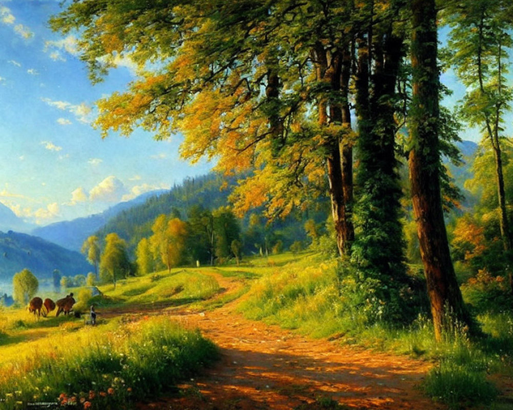 Sunlit forest path with lush greenery and distant figure walking near mountains
